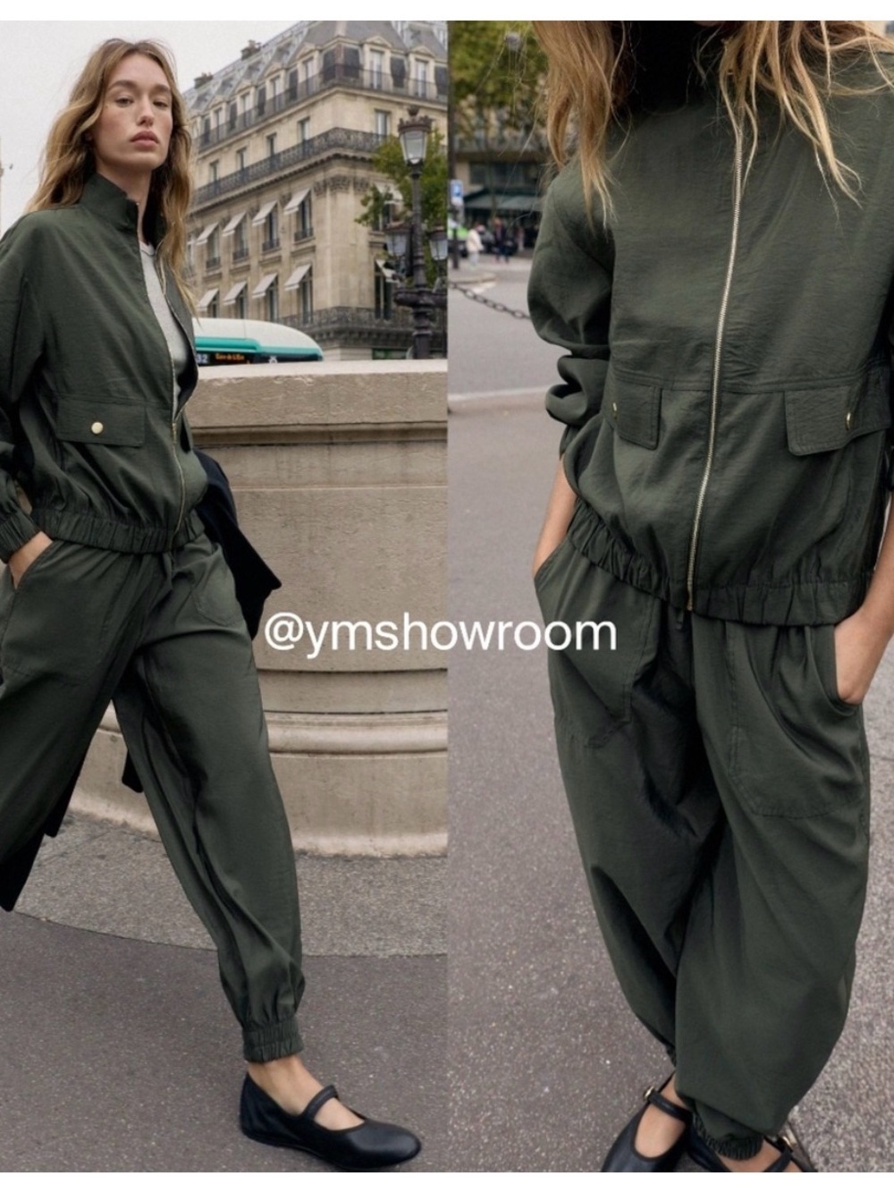 Zara Matching Set Bomber Jacket and Joggers Dark Olive Green Windbreaker Sz S